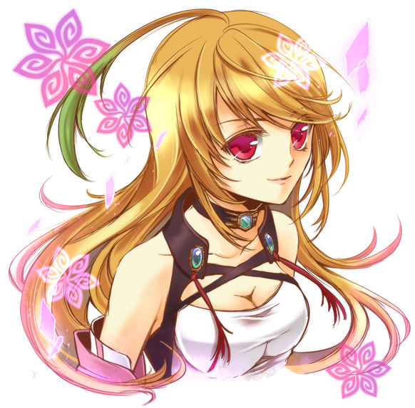 ahoge bad_id bad_pixiv_id blonde_hair breasts choker cleavage colored_eyelashes gradient_hair green_hair janne1230 long_hair medium_breasts milla_maxwell multicolored_hair red_eyes shirt smile solo strapless tales_of_(series) tales_of_xillia taut_clothes taut_shirt tubetop xillia_symbol
