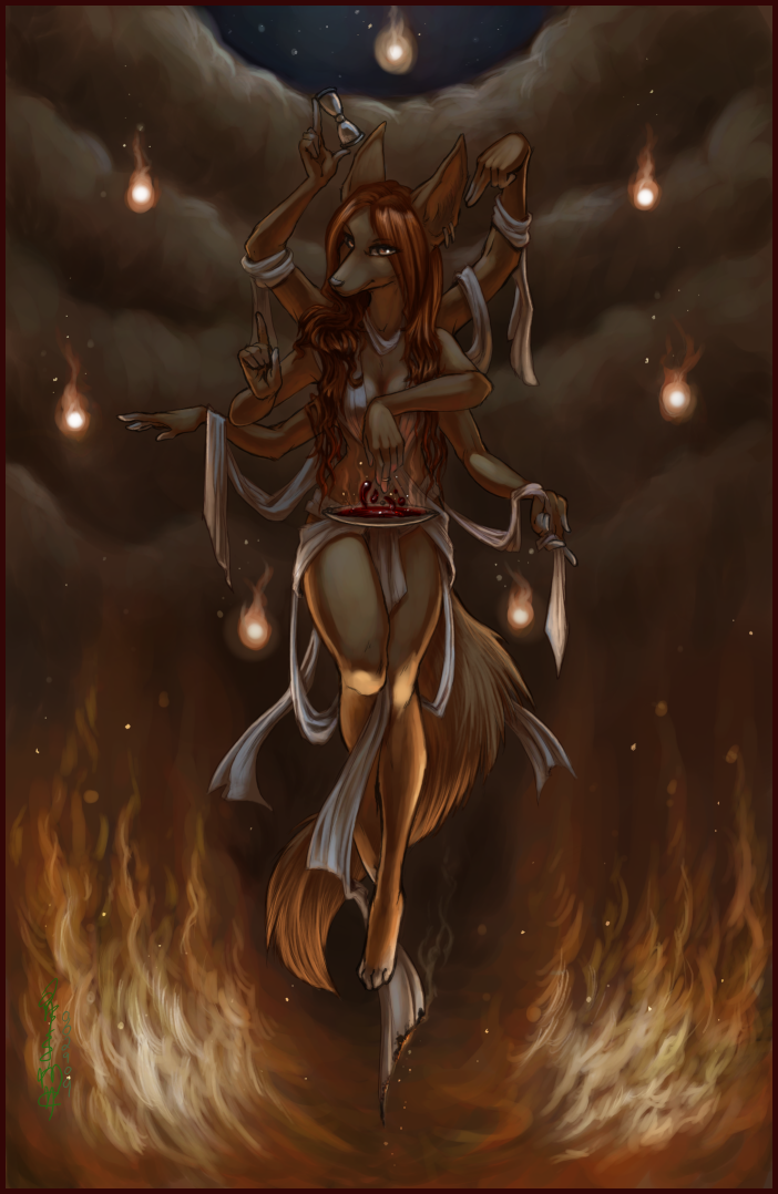 clothed clothing female fire floating hourglass jewelry looking_at_viewer luna-v magic mammal multi_limb multiple_arms piercing sash skimpy solo
