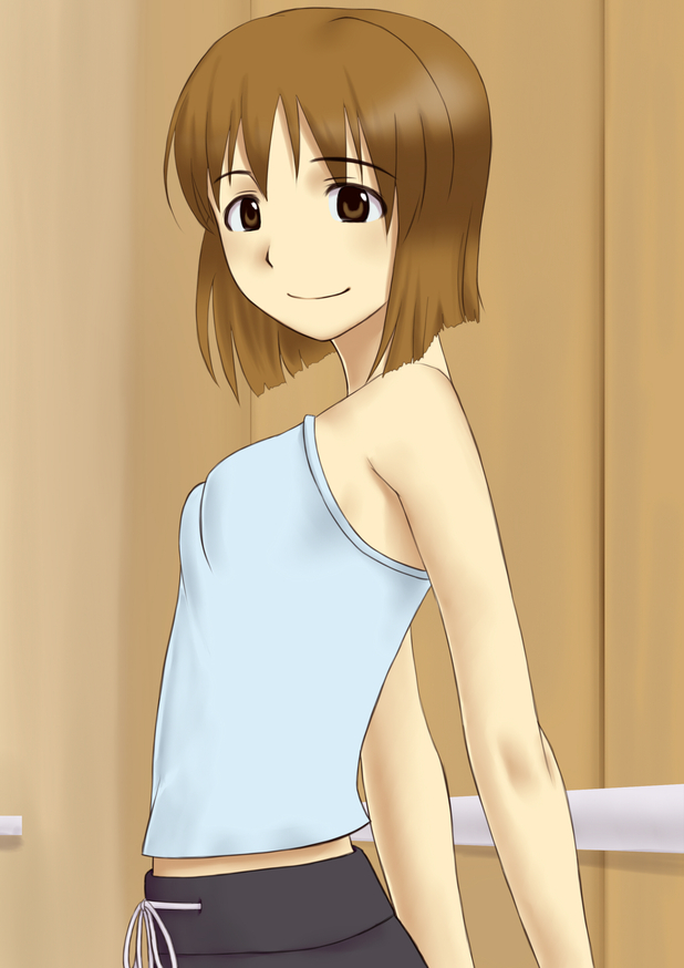 bare_shoulders bob_cut brown_eyes brown_hair closed_mouth face ginnote hagiwara_yukiho idolmaster idolmaster_(classic) looking_at_viewer looking_back midriff pants short_hair smile solo sweatpants tank_top