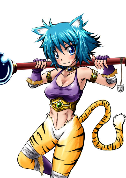 animal_ears armlet blue_eyes blue_hair breasts breath_of_fire breath_of_fire_ii cat_ears choker cosplay crop_top fingerless_gloves gloves kemonomimi_mode medium_breasts nipples nishijima_waon precure rinpoo_chuan rinpoo_chuan_(cosplay) short_hair smile solo suite_precure tail tiger_tail wand white_background yooki_(rakugaki_switch)