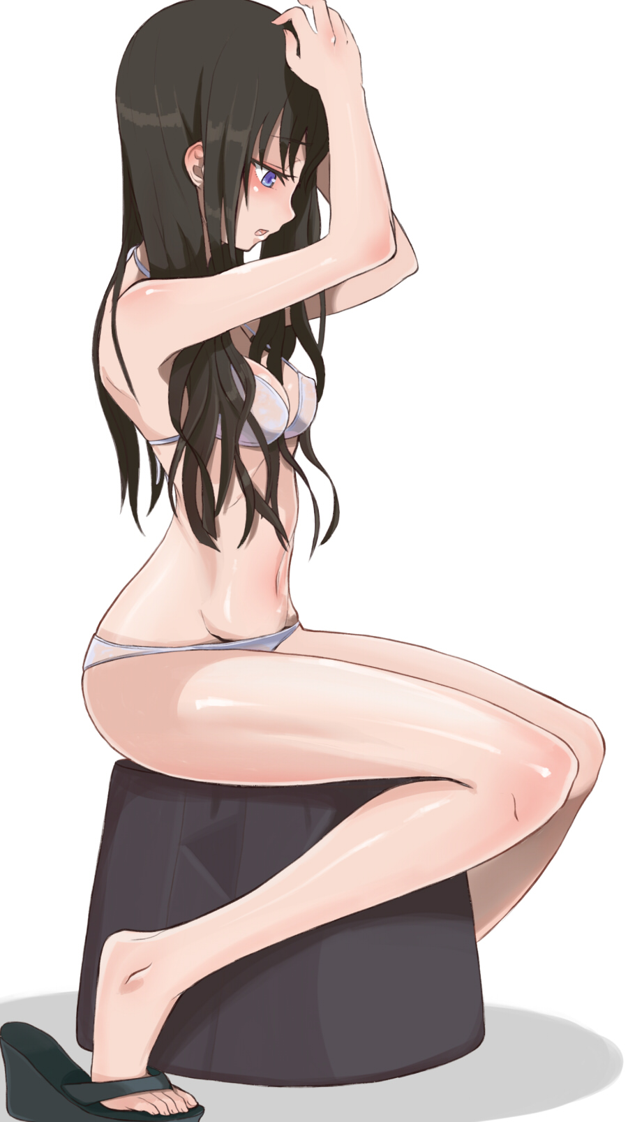 arms_up bare_legs bare_shoulders bikini black_hair blue_eyes blush breasts cleavage covered_nipples feet halterneck highres long_hair medium_breasts navel open_mouth original sandals sidelocks simple_background sitting solo swimsuit tarayama toes white_background white_bikini