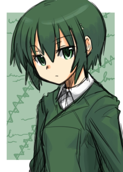bad_id bad_pixiv_id choutako expressionless face flat_chest formal green_eyes green_hair kino kino_no_tabi reverse_trap short_hair sketch solo suit upper_body