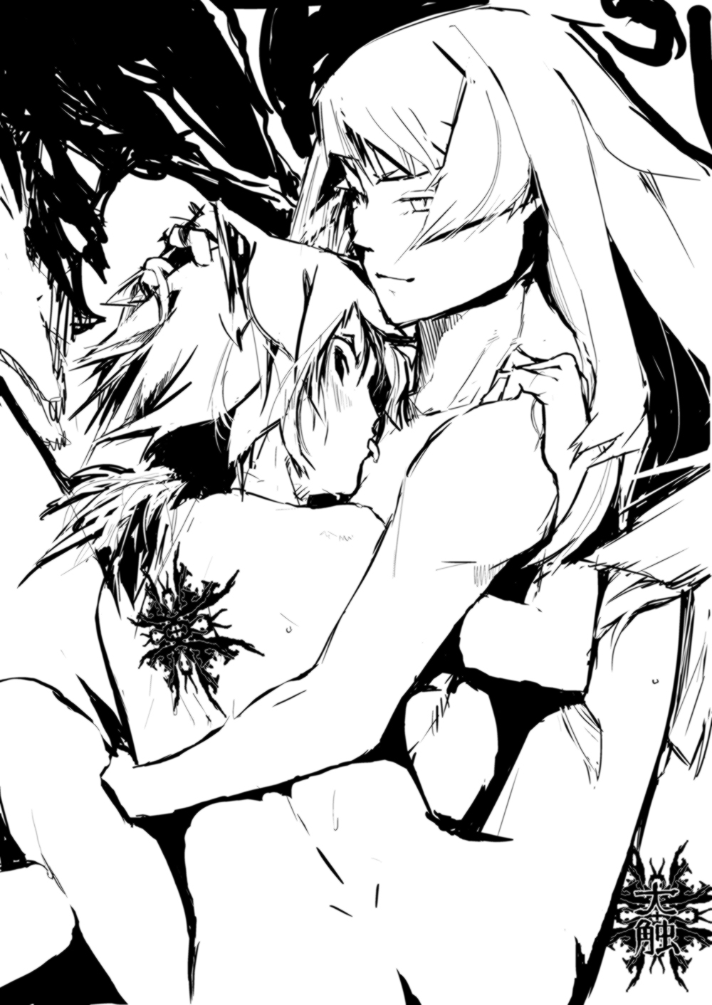 animal_ears back cat_ears copyright_request from_behind greyscale hand_on_head highres hug licking long_hair looking_back monochrome multiple_girls nude ponytail sketch tattoo yuri yuzmit