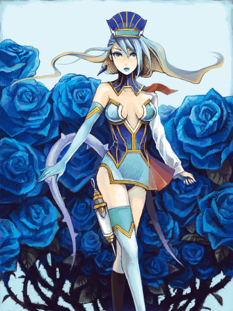 artist_request bare_shoulders blonde_hair blue_eyes blue_flower blue_hair blue_rose blue_rose_(tiger_&amp;_bunny) boots breasts cleavage crystal_earrings dual_persona earrings elbow_gloves flower fusion gloves gradient_hair gun hat jewelry karina_lyle lipstick long_hair makeup medium_breasts multicolored_hair rose school_uniform short_hair superhero thigh_boots thighhighs tiger_&amp;_bunny two-tone_hair weapon