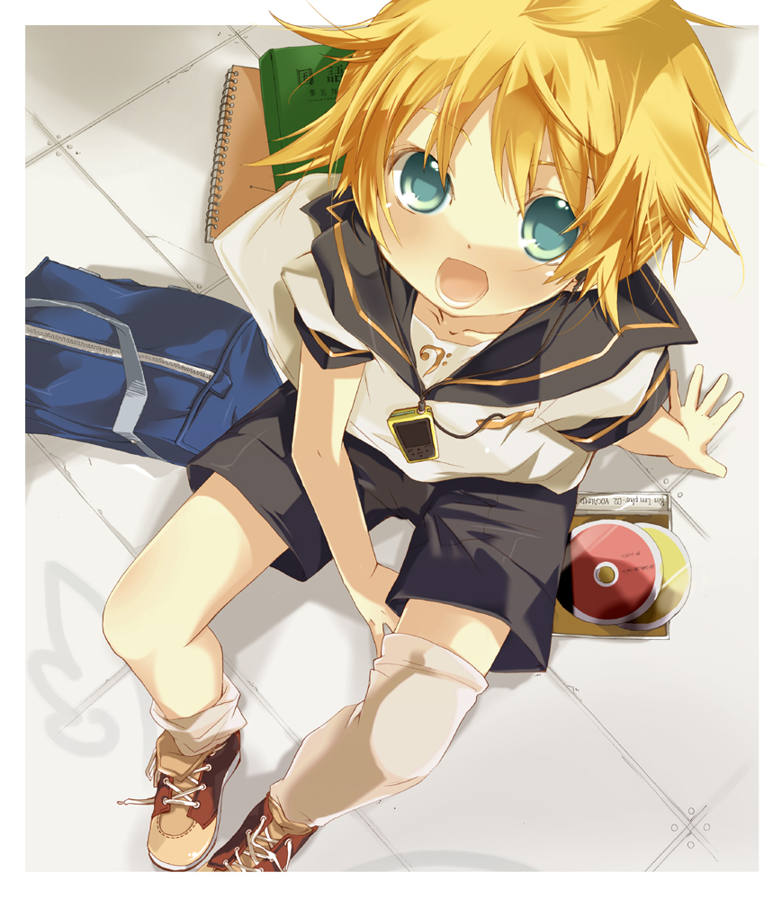 bag blonde_hair blue_eyes cd child digital_media_player earphones from_above hekicha kagamine_len kneehighs male_focus open_mouth shoes solo vocaloid