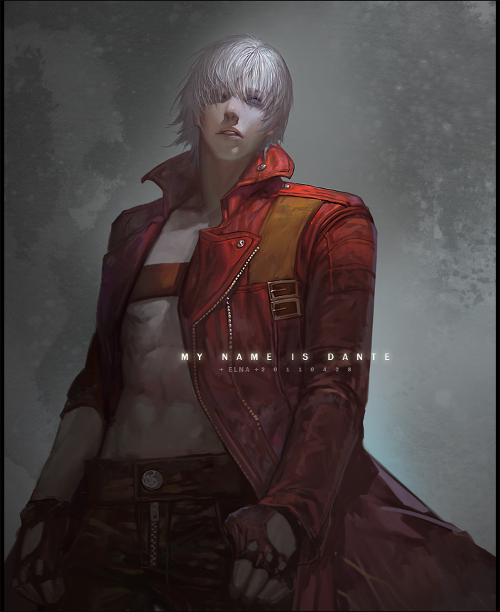abs coat dante_(devil_may_cry) denim devil_may_cry devil_may_cry_3 elna fingerless_gloves gloves hair_over_one_eye jeans lips long_sleeves male_focus open_clothes overcoat pants silver_hair solo