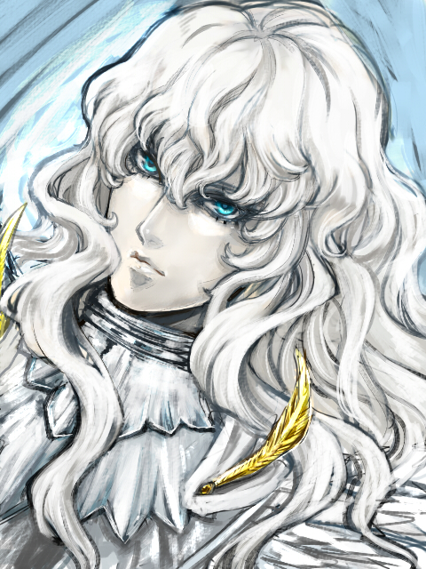 armor bad_id bad_pixiv_id berserk blue_eyes dutch_angle griffith long_hair male_focus solo white_hair you-ji