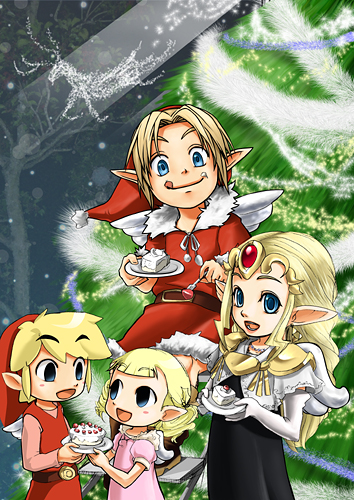 2girls alternate_costume aryll belt blonde_hair blue_eyes boots cake cape child christmas christmas_tree costume dress earrings food gloves hair_ornament hat jewelry link long_hair lowres ms_810 multiple_boys multiple_girls multiple_persona open_mouth pointy_ears princess_zelda short_hair siblings smile the_legend_of_zelda the_legend_of_zelda:_ocarina_of_time the_legend_of_zelda:_the_wind_waker tiara toon_link toon_zelda twintails wings young_link young_zelda