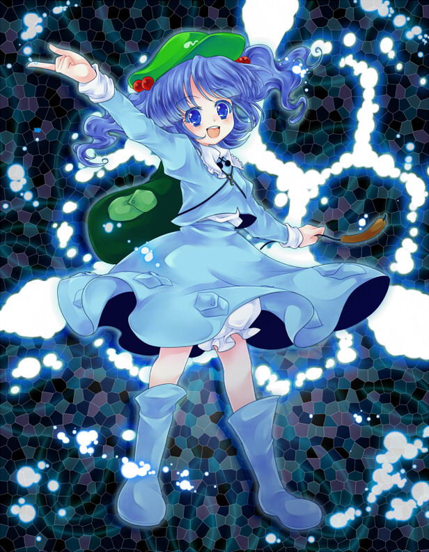 backpack bag bloomers blue_eyes blue_footwear blue_hair boots cattail coat danmaku hair_bobbles hair_ornament hat iris_anemone kawashiro_nitori mosaic_background mountain_of_faith plant smile solo touhou two_side_up underwear