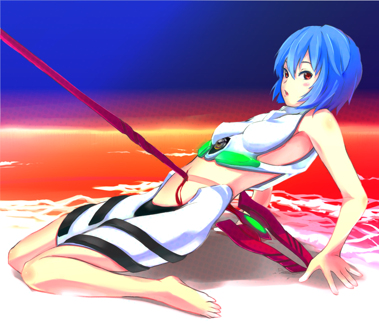 arm_support ayanami_rei bad_id bad_pixiv_id barefoot blood blue_hair impaled kazufumi_(kaz-newt) lcl leaning_back midriff neon_genesis_evangelion ocean polearm red_eyes short_hair solo spear weapon