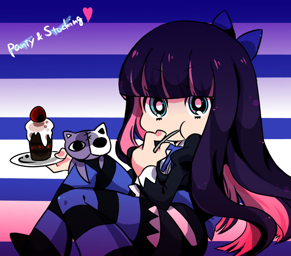 aguri_(aguri0406-aoi) blue_eyes cake cat eating food fork honekoneko_(psg) long_hair male_focus multicolored_hair official_style panty_&amp;_stocking_with_garterbelt plate solo stocking_(psg) striped striped_legwear stuffed_animal stuffed_cat stuffed_toy thighhighs two-tone_hair