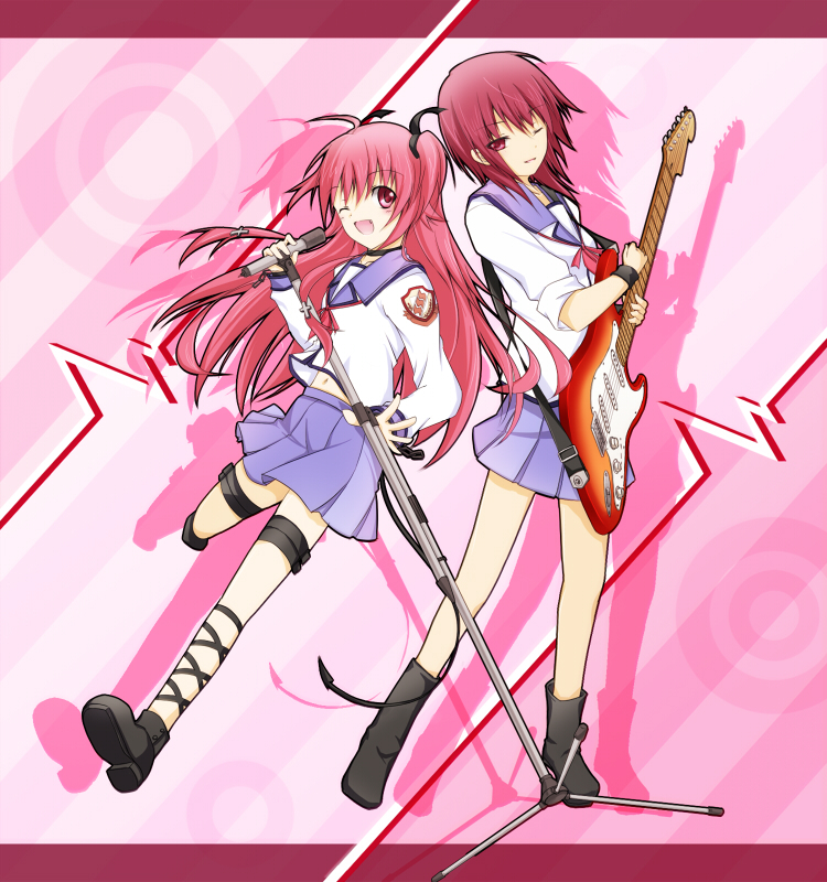 angel_beats! ankle_lace-up boots cofi_(eternal) cross cross-laced_footwear electric_guitar guitar hair_ribbon instrument iwasawa long_hair microphone microphone_stand multiple_girls one_eye_closed pink_eyes pink_hair pleated_skirt red_eyes red_hair ribbon school_uniform serafuku short_hair skirt sleeves_rolled_up smile thigh_strap yui_(angel_beats!)
