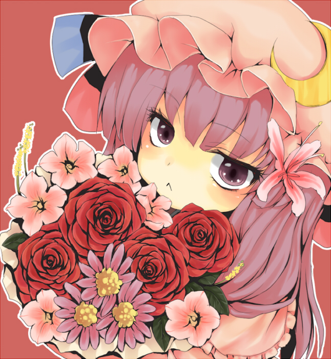 :&lt; artist_name bangs blush bouquet capelet closed_mouth crescent dated eyebrows_visible_through_hair eyelashes flower frills hair_flower hair_ornament hat jitome long_hair looking_at_viewer mob_cap niji_(nijioki) outline patchouli_knowledge pink_flower pink_hat pout purple_eyes purple_flower purple_hair red_flower red_rose ribbon rose solo touhou upper_body white_outline