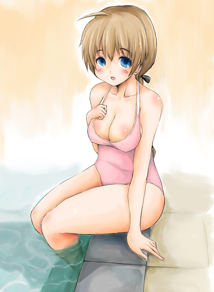 ahoge arm_support blue_eyes braid breasts brown_hair cleavage haruyukiko highres large_breasts long_hair lynette_bishop one-piece_swimsuit open_mouth ripples shirt single_braid sitting soaking_feet solo strike_witches swimsuit taut_clothes taut_shirt water world_witches_series
