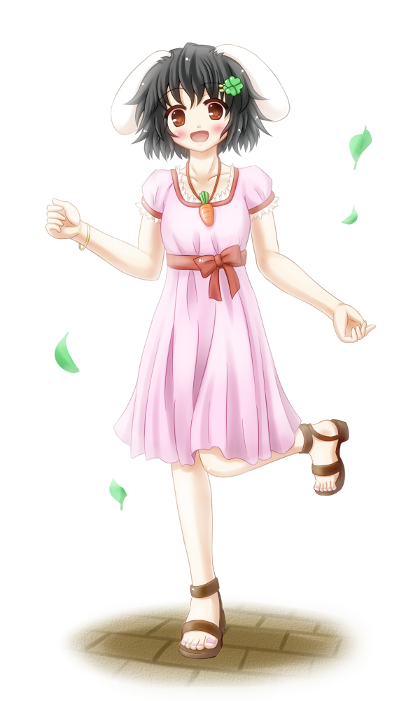 animal_ears aonagi_ibane bunny_ears carrot clover dress four-leaf_clover girly_pose inaba_tewi jewelry pendant pink_dress ribbon sandals simple_background solo standing standing_on_one_leg touhou