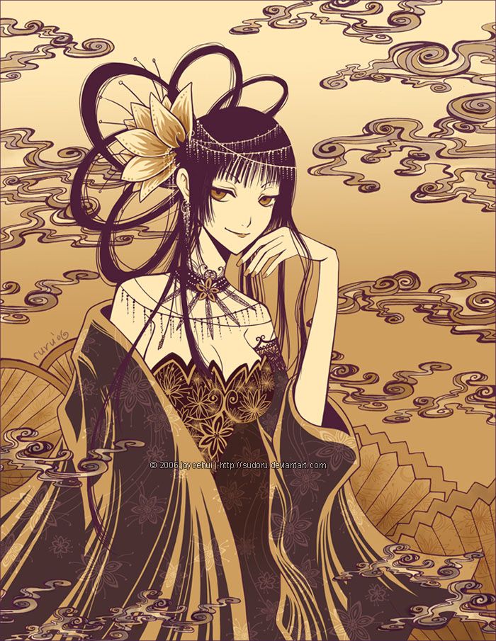 2006 bare_shoulders breasts chin_rest cleavage downscaled flower hair_flower hair_ornament hair_rings hair_up ichihara_yuuko jewelry joyce_hui large_breasts md5_mismatch monochrome necklace resized sepia smile smoke solo watermark wide_sleeves xxxholic