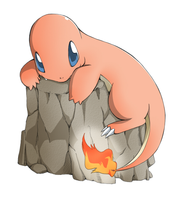 blue_eyes charmander faux_figurine gen_1_pokemon no_humans pokemon pokemon_(creature) rock simple_background solo white_background