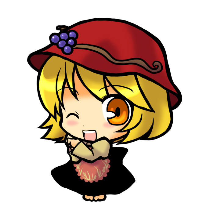 aki_minoriko blonde_hair chibi hat one_eye_closed orange_eyes simple_background socha solo touhou