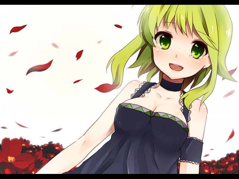 arm_garter bad_id bad_pixiv_id breasts choker cleavage flower green_eyes green_hair gumi manio medium_breasts petals solo tank_top vocaloid