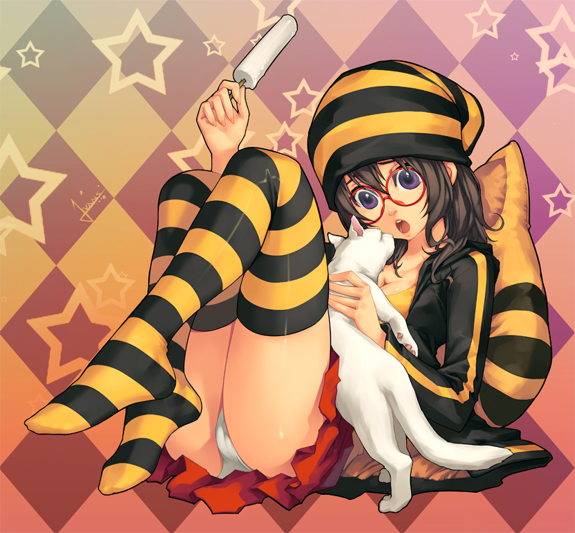 :o breasts brown_eyes brown_hair cat character_request checkered checkered_background cleavage copyright_request food glasses hat lvans open_mouth panties pantyshot pantyshot_(sitting) pillow popsicle purple_eyes short_hair sitting skirt small_breasts solo star striped striped_legwear thighhighs underwear white_panties yellow_legwear