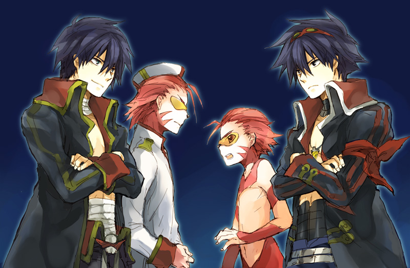 bandages boota core_drill crossed_arms drill dual_persona garlock_simon goggles goggles_on_head kuroemon male_focus multiple_boys older personification sarashi simon tengen_toppa_gurren_lagann time_paradox trench_coat white_background younger