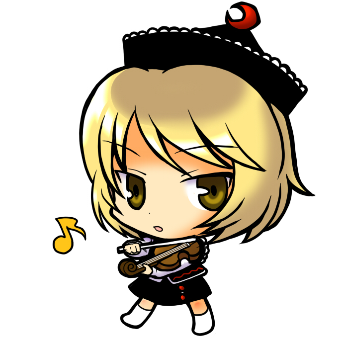 blonde_hair chibi hat instrument lunasa_prismriver musical_note open_mouth short_hair simple_background socha solo touhou violin yellow_eyes