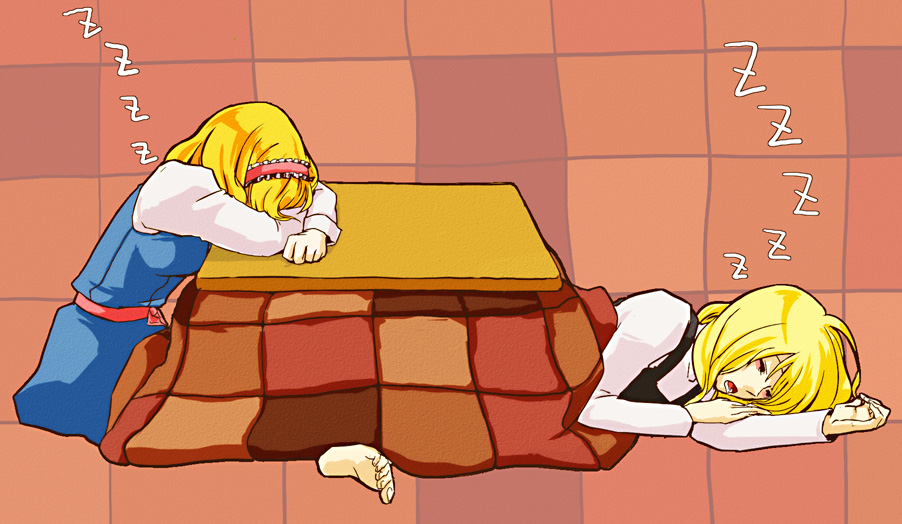 alice_margatroid barefoot blonde_hair kirisame_marisa kotatsu multiple_girls ohagi_(pipedreams) sleeping table touhou