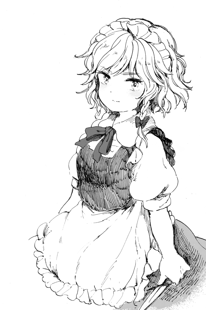 bow braid greyscale hair_bow izayoi_sakuya knife maid maid_headdress meeko monochrome short_hair smile solo touhou twin_braids