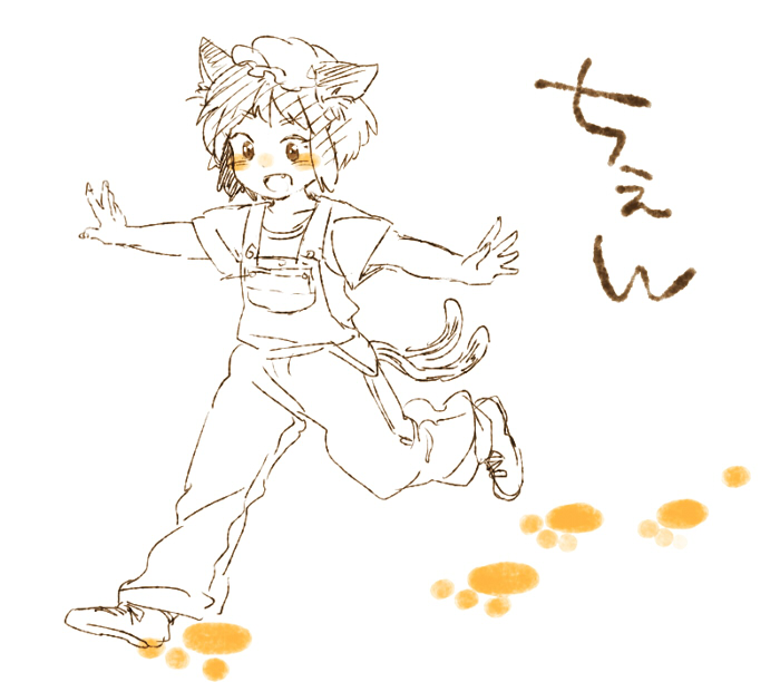 alternate_costume animal_ears cat_ears chen contemporary footprints hat meeko monochrome multiple_tails open_mouth outstretched_arms overalls paw_print running smile solo spot_color spread_arms suspenders tail touhou