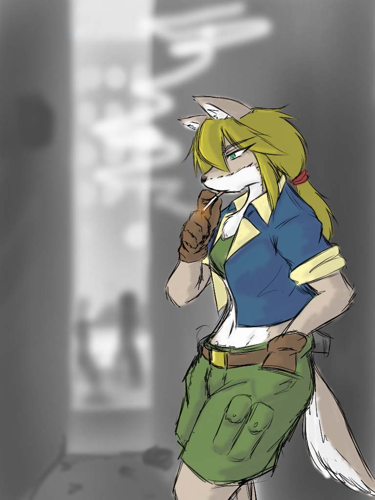 alleyway belt blonde_hair canine cargo_shorts cigarette clothing dog doggydog-no13 female gloves green_eyes hair hand_in_pocket leaning_against_wall long_blonde_hair long_hair looking_down mammal open_shirt ponytail shirt shorts smoke smoking solo tail tomboy