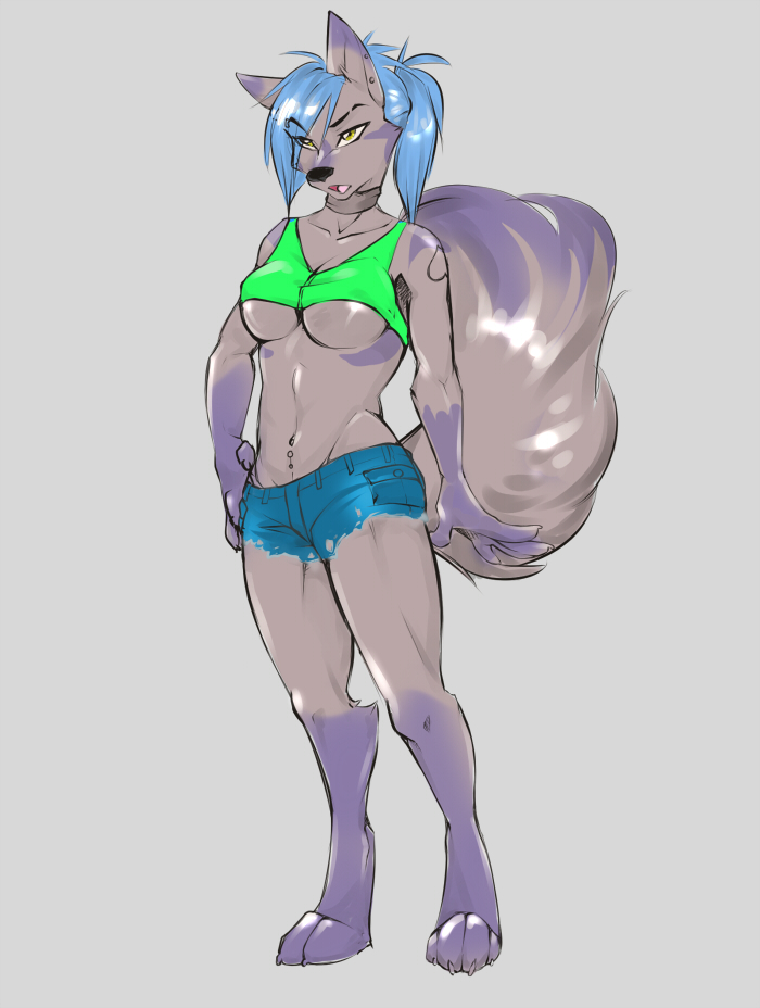 blue_hair breasts canine clothed clothing female grey_background hair mammal piercing plain_background shorts skimpy solo soraslipheed standing tomboy under_boob wolf