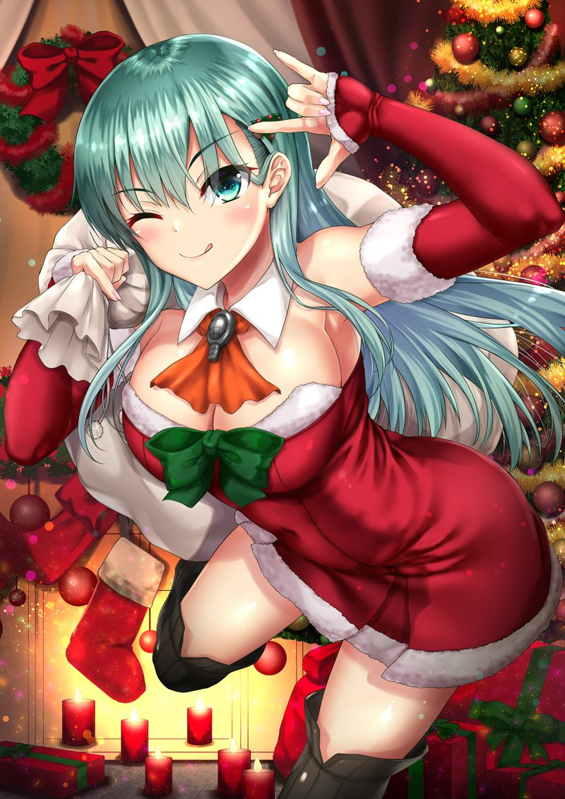 1girl ;q akizuki_akina aqua_eyes aqua_hair armpits black_footwear blush boots breasts candle candlelight christmas christmas_tree commentary_request detached_collar detached_sleeves dress eyebrows_visible_through_hair fur-trimmed_dress gift hair_ornament hairclip holding holding_sack indoors kantai_collection large_breasts leg_up long_hair looking_at_viewer nail_polish one_eye_closed pink_nails red_dress sack santa_costume smile solo star suzuya_(kantai_collection) thigh_boots thighhighs thighs tongue tongue_out