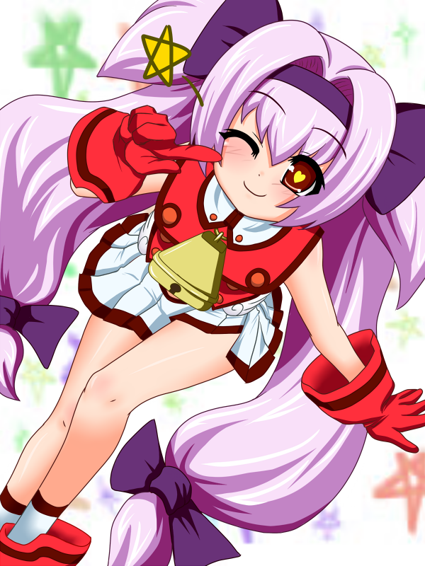 alternate_color bare_legs bell blazblue brown_eyes cow_bell from_above gloves hair_intakes hair_ribbon hairband heart heart-shaped_pupils long_hair low-tied_long_hair miniskirt one_eye_closed platinum_the_trinity player_2 pleated_skirt pointing purple_hair quad_tails ribbon sitting skirt smile socks solo symbol-shaped_pupils two_side_up white_skirt yaeba