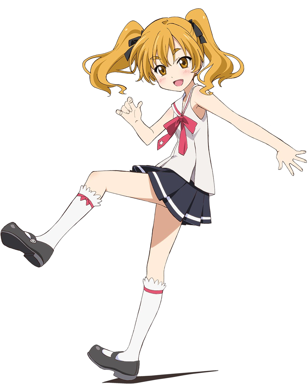:d black_skirt blonde_hair full_body highres hikaru_(houkago_no_pleiades) houkago_no_pleiades long_hair looking_at_viewer mary_janes miniskirt ootsuka_mai open_mouth pleated_skirt school_uniform serafuku shoes skirt smile solo transparent_background twintails yellow_eyes