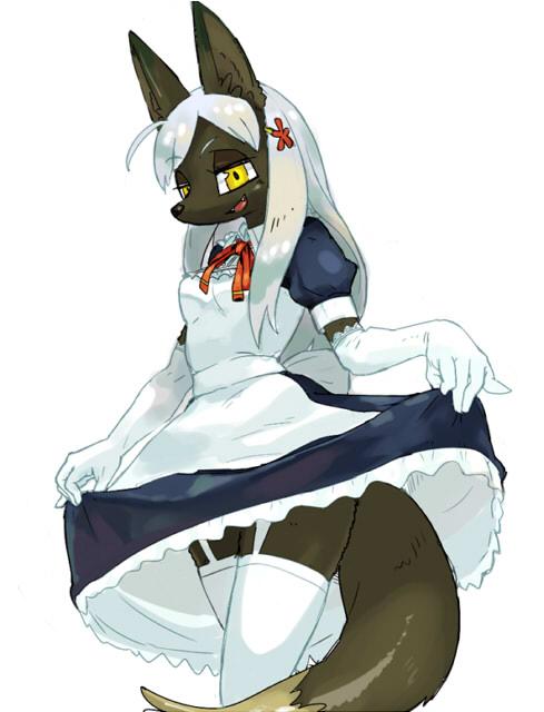 canine female fox garter garter_straps gloves hair headdress legwear looking_at_viewer maid maid_uniform mammal open_mouth plain_background pose ribbons simple_background skirt skirt_lift solo standing stockings unknown_artist white_hair yellow_eyes