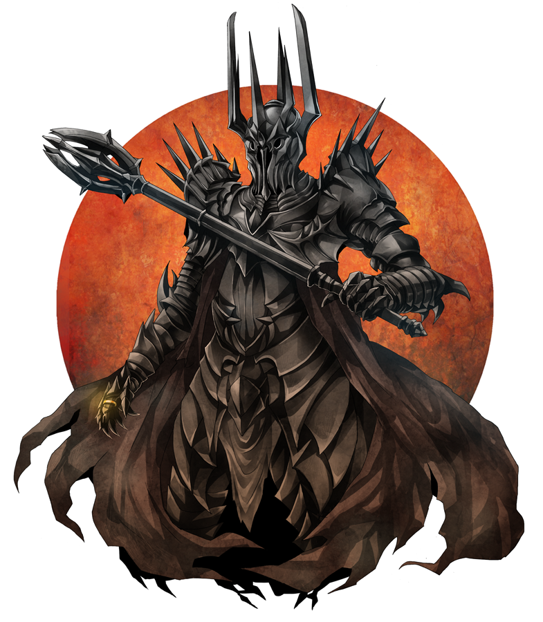 armor cape helmet jewelry lord_of_the_rings mace male_focus michii_yuuki ring sauron solo weapon white_background