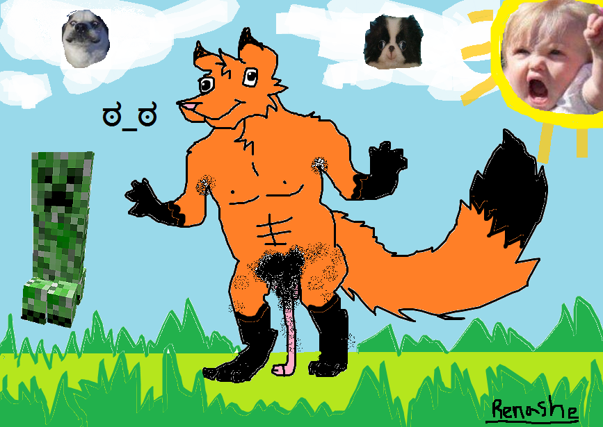 baby black_eyes canine clouds creeper dog flaccid fox grass horror human husky male minecraft nude penis pubic_hair renashe sky source_request sun what what_has_science_done
