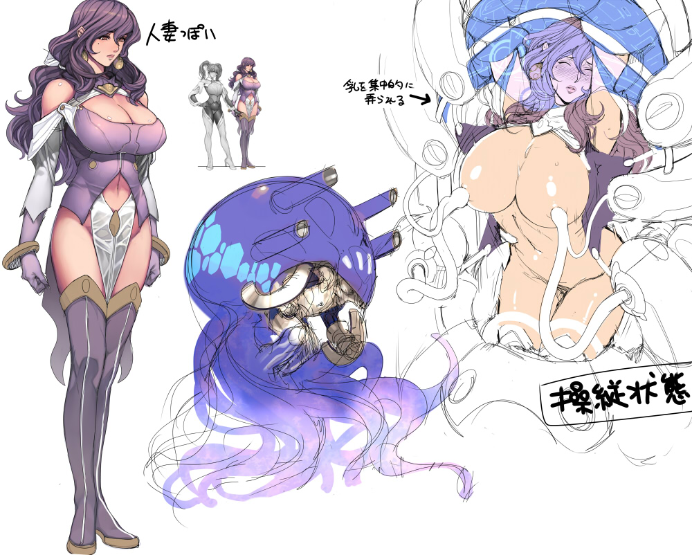 arms_up bdsm bondage bound breasts cleavage cockpit creature earrings elbow_gloves gloves huge_breasts jewelry large_breasts legs long_hair long_legs mecha multiple_girls oda_non original purple_hair tentacles thighhighs thighs
