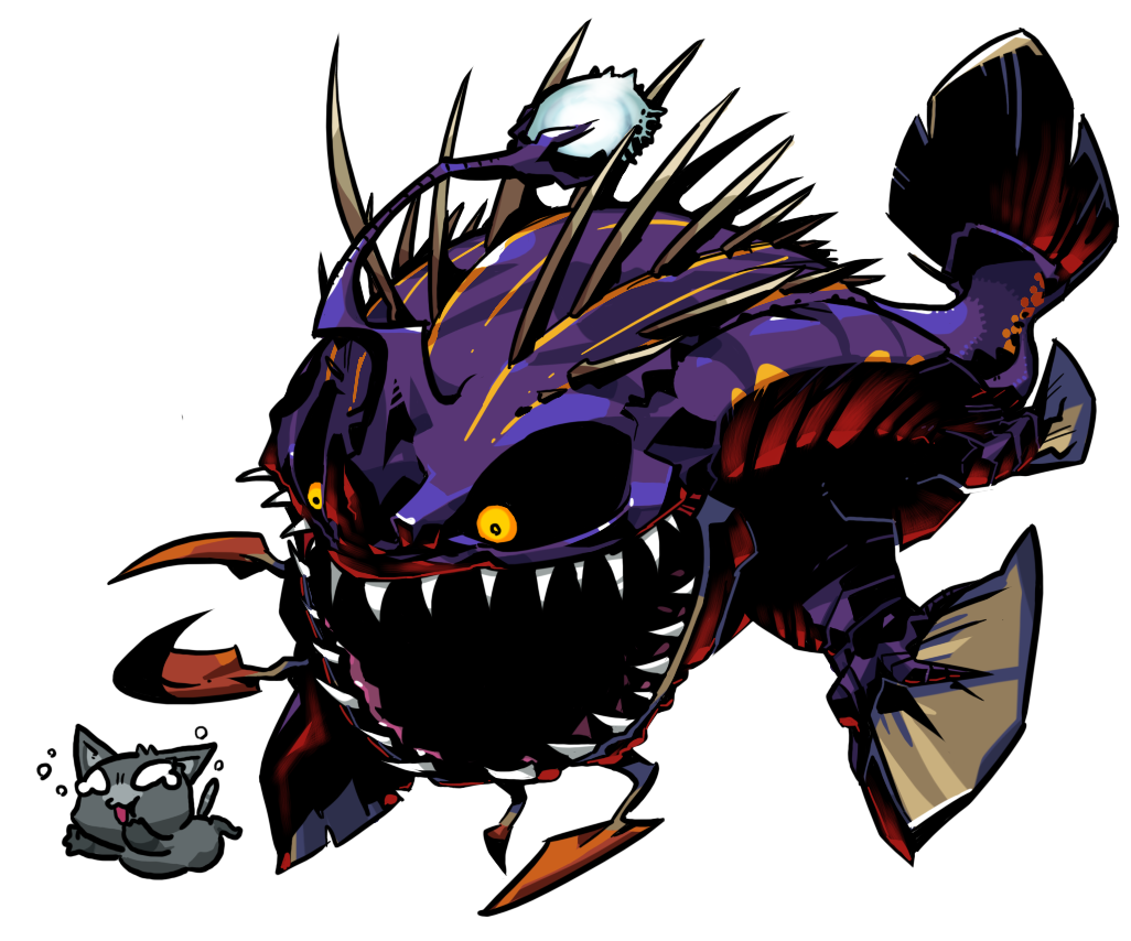 fish gobul melynx monster monster_hunter monster_hunter_3 no_humans open_mouth scared sharp_teeth sido_(slipknot) simple_background size_difference spikes tears teeth white_background yellow_eyes you_gonna_get_eaten