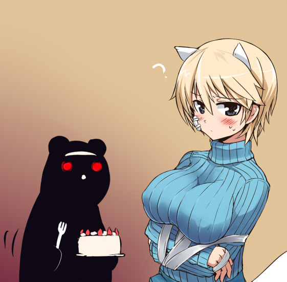 ? aleksandra_i_pokryshkin animal_ears bandages bandaid blonde_hair blue_eyes blush bound brave_witches breast_hold breasts cake covered_nipples food fork large_breasts multiple_girls nikka_edvardine_katajainen null_(nyanpyoun) red_eyes ribbed_sweater short_hair silhouette silhouette_demon sweater tied_up turtleneck world_witches_series