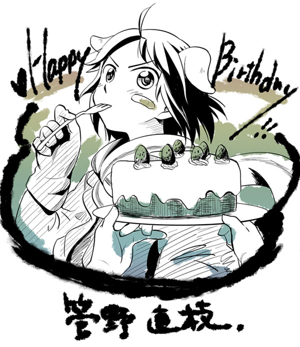 animal_ears bad_id bad_pixiv_id bandaid bandaid_on_face black_hair brave_witches cake food fork fork_in_mouth fruit gloves happy_birthday kanno_naoe monochrome mouth_hold niina_ryou plate scarf short_hair solo strawberry world_witches_series