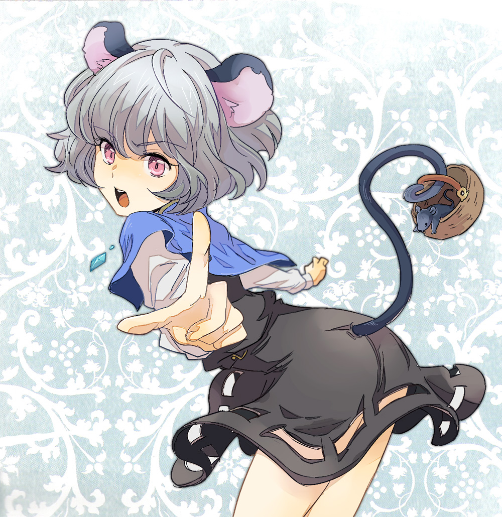 animal_ears basket face foreshortening grey_hair hands jewelry leaning_forward looking_at_viewer mattie mouse mouse_ears mouse_tail nazrin open_mouth pendant pink_eyes pointing short_hair solo tail touhou