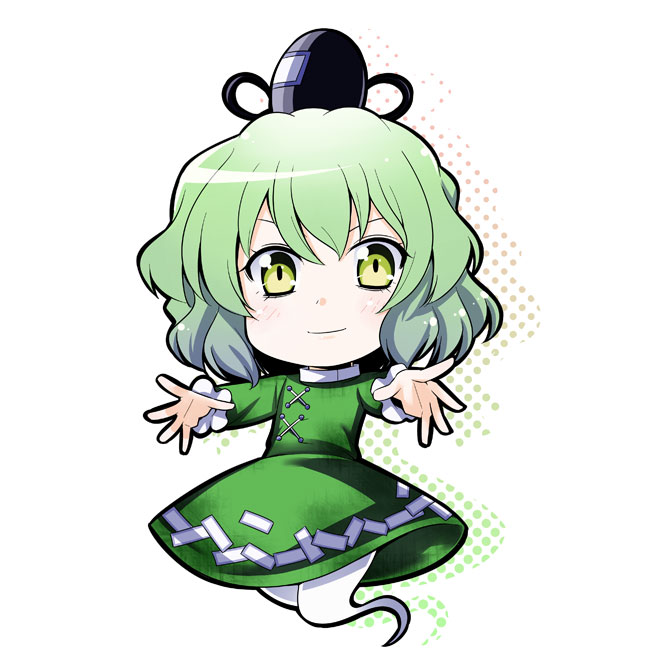 chibi dress ghost_tail green_dress green_hair hat kiku_hitomoji soga_no_tojiko solo tate_eboshi touhou yellow_eyes