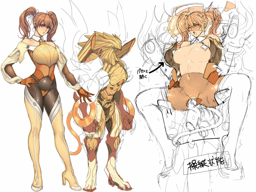 armor bodysuit breasts brown_hair chakram cockpit high_heels large_breasts legs long_legs mecha object_insertion oda_non original power_armor power_suit sketch spread_legs thighs twintails vaginal visor weapon