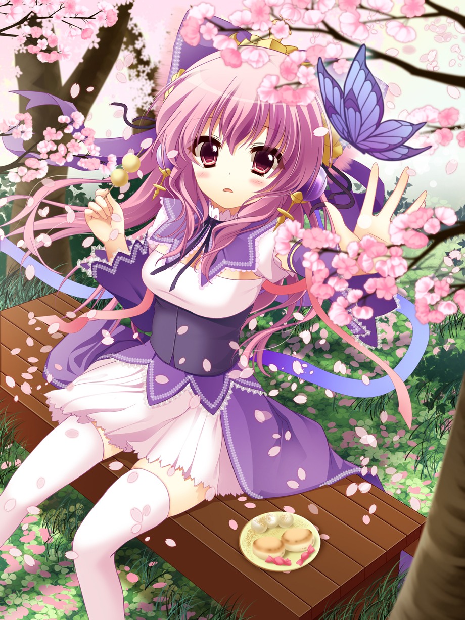 bench blush bug butterfly candy candy_wrapper cherry_blossoms dango dress food hair_ornament hair_ribbon highres insect long_hair outstretched_arm parted_lips petals pink_eyes pink_hair plate ribbon sangokushi_taisen shiramori_yuse sitting solo thighhighs wagashi white_legwear xiao_qiao