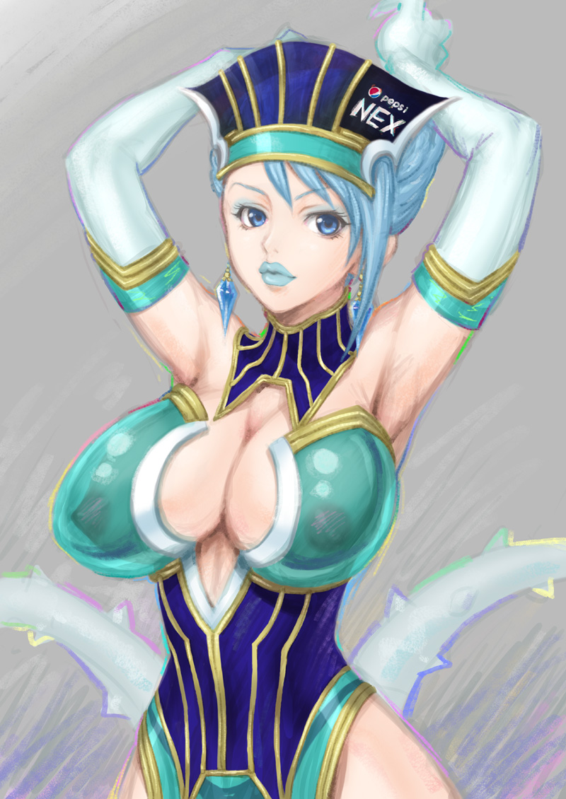 armpits arms_up blue_eyes blue_hair blue_rose_(tiger_&amp;_bunny) breasts cleavage collar crystal_earrings curvy earrings elbow_gloves eyelashes gloves headdress jewelry joy_ride karina_lyle large_breasts lips lipstick makeup nipples product_placement see-through solo superhero tiger_&amp;_bunny transparent_breasts_pads