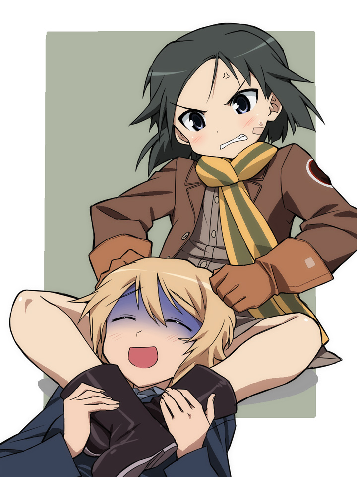 anger_vein angry asphyxiation bad_id bad_pixiv_id bandaid bandaid_on_face between_legs black_hair blonde_hair brave_witches clenched_teeth closed_eyes gloves headlock kanno_naoe leg_lock multiple_girls open_mouth scarf short_hair strangling striped striped_scarf teeth tonbi turn_pale veins waltrud_krupinski world_witches_series