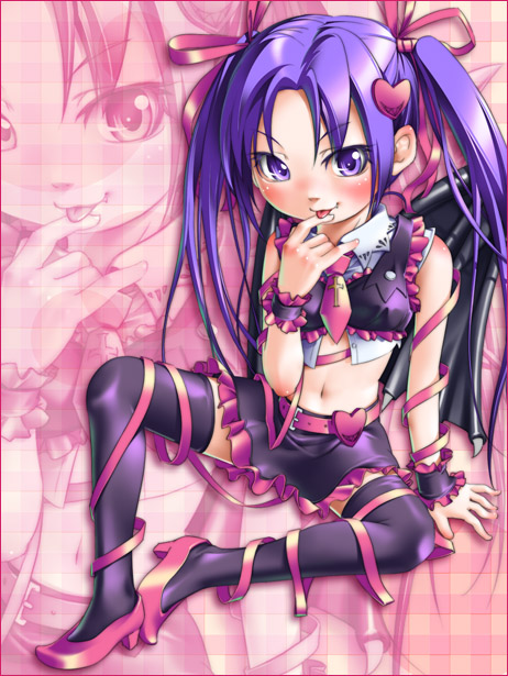 bad_anatomy bat_wings blue_eyes blush childmaid_(artist) copyright_request hair_ornament high_heels midriff navel necktie purple_hair ribbon shoes solo thighhighs tongue twintails wings wrist_cuffs zoom_layer