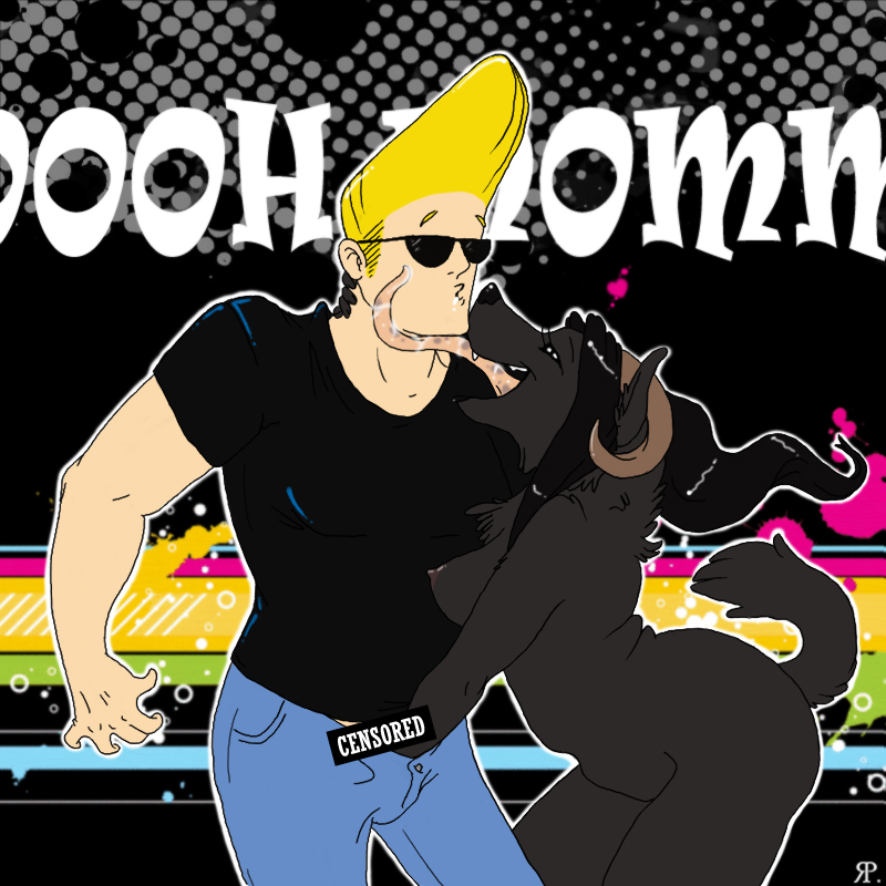 &hearts; abstract_background anthro black_hair blonde_hair breasts canine censored eyewear female hair hand_in_pants hands_down_pants horn human human_on_anthro hybrid interspecies johnny_bravo johnny_bravo_(series) licking male mammal masturbation puckered_lips rachel_parr raised_eyebrows raised_tail rotsuoy rotsuoy_wolfen saliva side_boob straight sunglasses tongue tongue_out