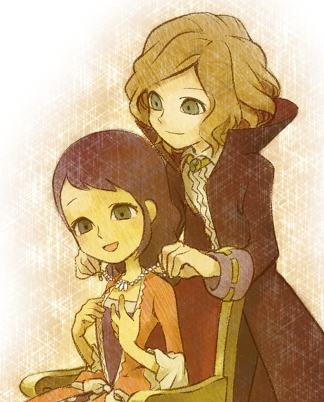 1girl anthony_herzen black_hair blonde_hair chair couple green_eyes hetero jewelry necklace professor_layton putting_on_jewelry sitting smile sophia_(professor_layton) yukihiko